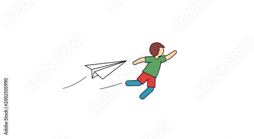 Boy Running with Paper Airplane Toy.