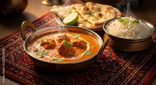 Indian curry bowl with rice and naan