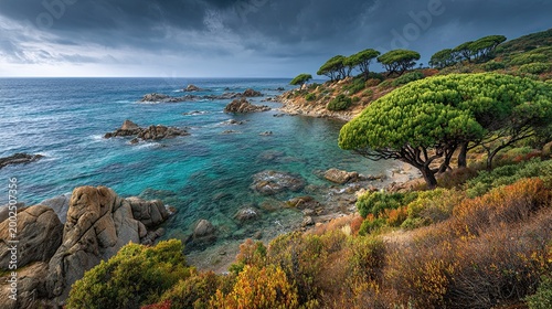 The Essence of Mediterranean coast, Dry scrubland (Maquis) featuring Umbrella stone pines Cinematic Landscape Scenery