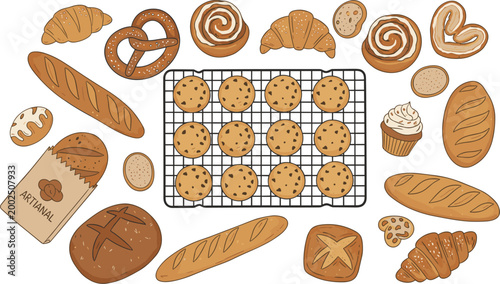 Artisanal bakery set with chocolate chip cookies on cooling rack and assorted bread