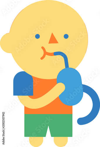 A simple, minimalist illustration of a child with fair skin, yellow head, and wearing a blue shirt, orange t-shirt, and green shorts, holding a blue sippy cup with a straw