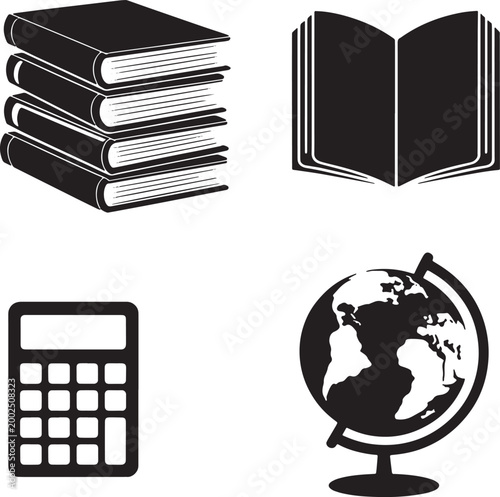 Set of education school supplies icons including stack of books calculator globe and handbook