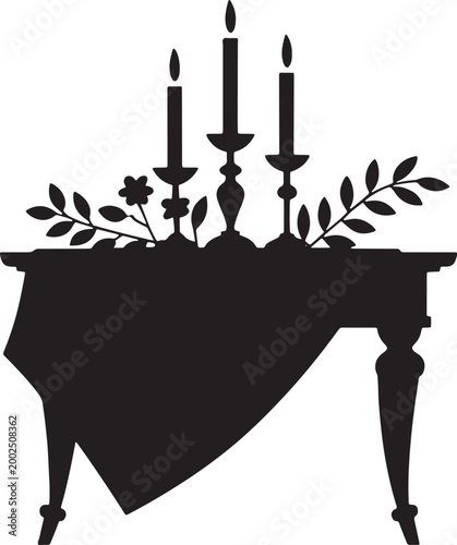Silhouette of elegant table setting with candelabra and floral decorations for formal event