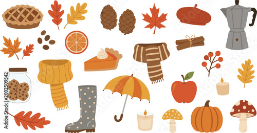 Cozy autumn lifestyle set with pumpkin pie leaves and warm apparel
