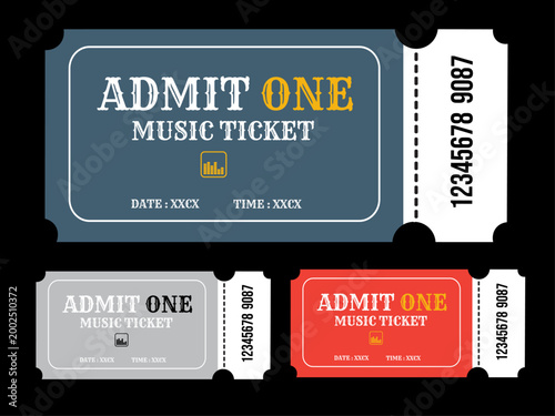 Music ticket stubs, admit one tickets, event passes, colorful vector icons, concert tickets