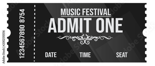 Music festival ticket, admit one, event pass, black and white
