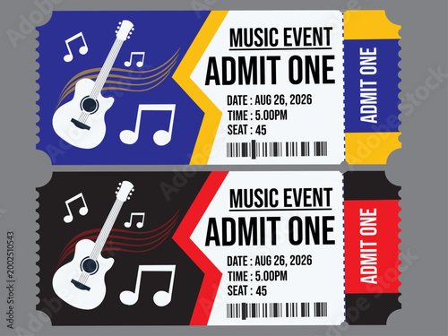 Concert tickets, music event passes, admit one tickets, festival entry tickets, vector illustrations