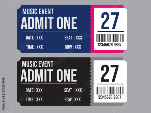 Music event tickets, admit one, concert tickets, event passes, ticket stubs
