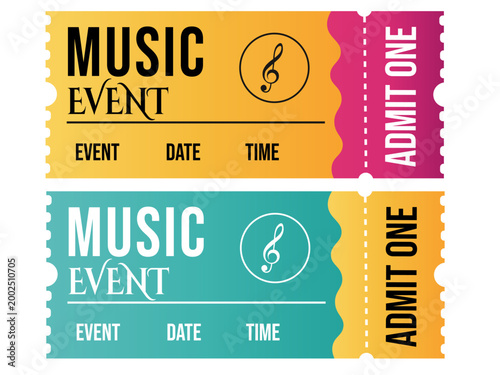 Music event tickets, colorful admit one passes, yellow, pink, blue, vector illustration