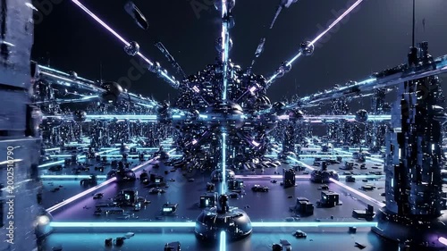 A futuristic cityscape with sleek skyscrapers and neon lights at dusk
