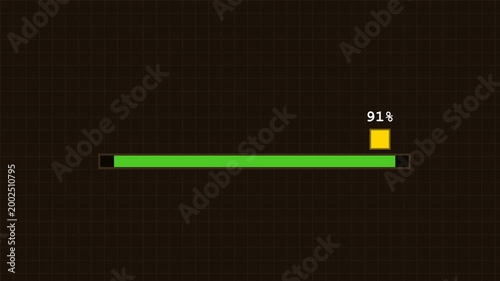 Vibrant 4k video loading progress bar with an authentic 8 bit retro gaming aesthetic, indicating 91% completion for an immersive digital experience