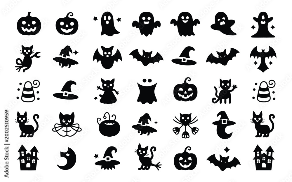 Obraz premium Vibrant halloween themed icon collection featuring black silhouettes of playful cats friendly ghosts mystical witches eerie jack o' lanterns and spooky bats against a stark white background
