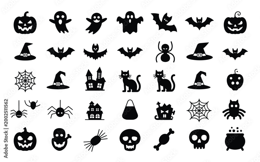 Fototapeta premium Playful collection of halloween themed icons featuring black silhouettes of jack o' lanterns ghosts bats spiders cats witches haunted houses and eerie symbols against a clean white background