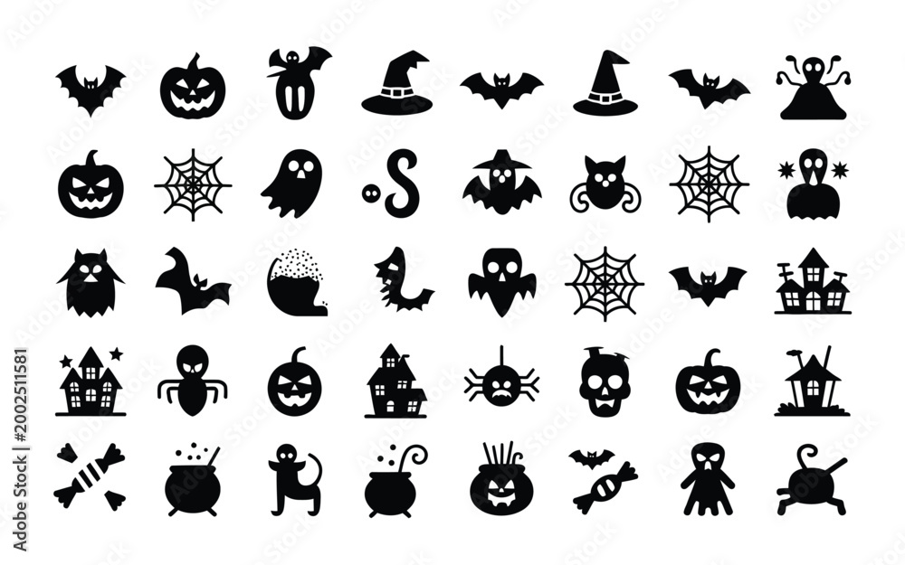 Fototapeta premium Creative halloween themed icon set showcasing spooky symbols like jack o' lanterns witches bats and haunted houses in sleek black and white minimalist style for seasonal digital designs and festive