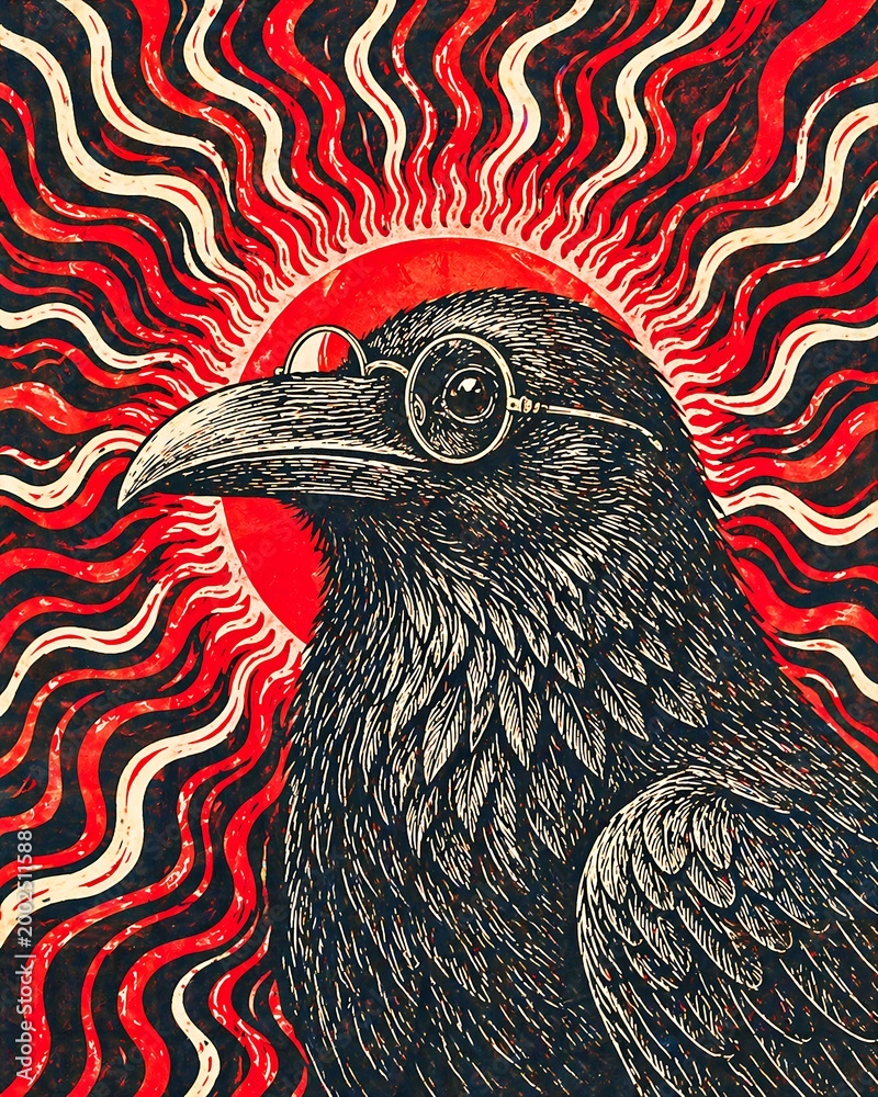 Fototapeta premium Raven with Glasses Under Radiant Sun – Psychedelic Vintage Illustration