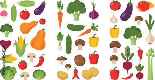 Colorful fresh vegetables collection set including carrot tomato broccoli pepper eggplant and mushroom, flat vector illustration for healthy food, cooking and grocery design