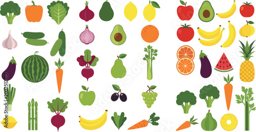 Colorful flat vector collection of fresh fruits and vegetables icons isolated on light background, healthy food illustration set for design and branding