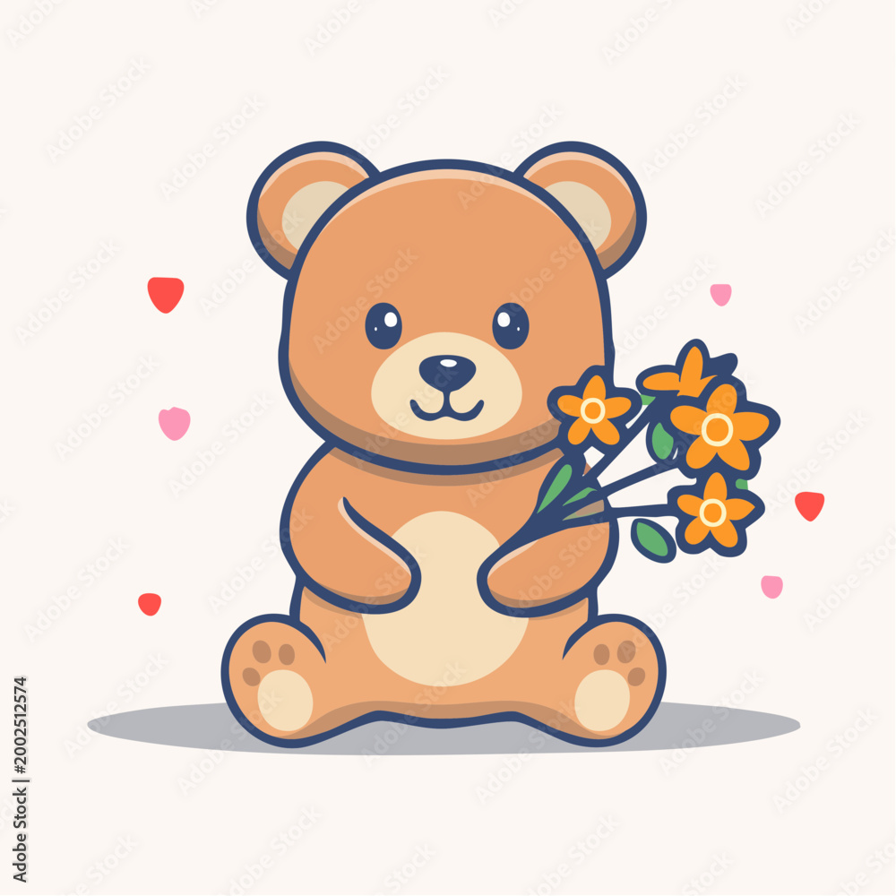 Obraz premium Cute Teddy Bear Holding a Bouquet of Flowers