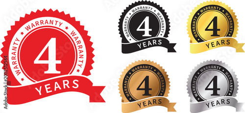 4 year warranty in a circle. Four-year warranty with ribbon and circular text. Red, black, gold, silver, bronze, premium. Sticker, label, badge, icon, sign, emblem, stamp, logo, sign. Vector
