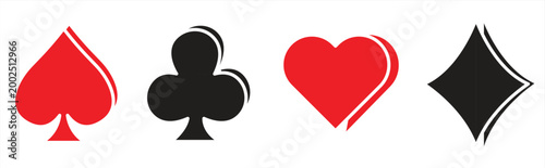 Playing card icons featuring hearts, spades, diamonds, and clubs. Suitable for casinos, poker, gambling, and games. Suitable for websites, logos, apps, templates, and UI designs. Vector illustration.
