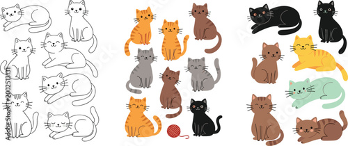 Cute cat collection set with outline and colored versions, cartoon kitty poses vector illustration for pet design, coloring pages and kids projects