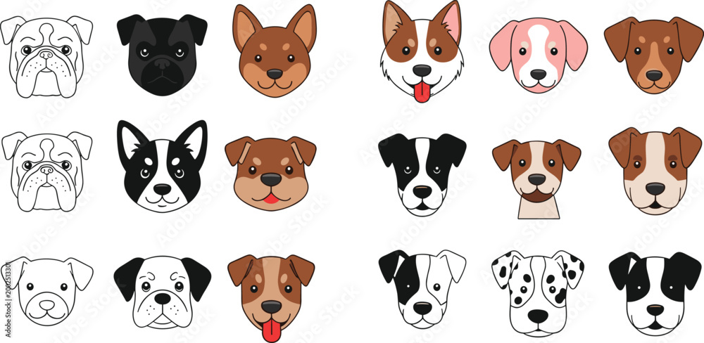 Fototapeta premium Cute dog faces collection set with different breeds and expressions, cartoon puppy head icons vector illustration for pet, mascot and animal design use