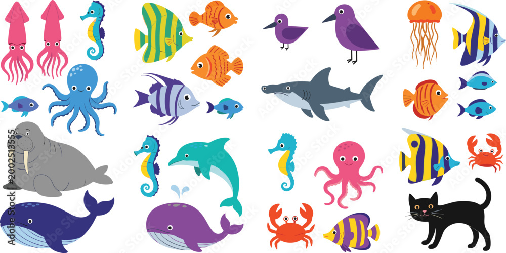 Fototapeta premium Cute ocean animals collection with fish, shark, dolphin, octopus, jellyfish and crab, colorful marine life cartoon vector illustration isolated on white background