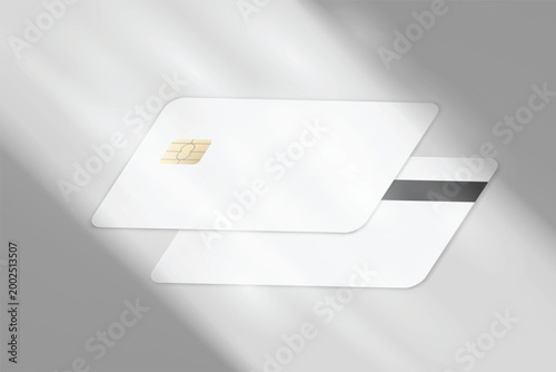 Minimal credit card mockup with chip and magnetic stripe on soft gray background with natural shadows. Clean financial template for branding, banking, fintech, payment design, and modern presentation