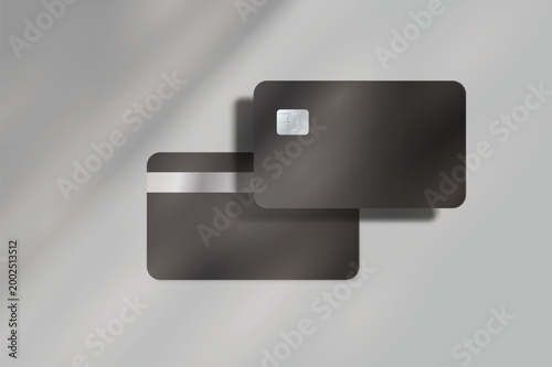Minimal credit card mockup with chip and magnetic stripe on soft gray background with natural shadows. Clean financial template for branding, banking, fintech, payment design, and modern presentation