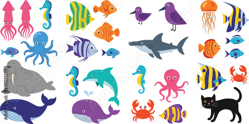 Cute ocean animals collection with fish, shark, dolphin, octopus, jellyfish and crab, colorful marine life cartoon vector illustration isolated on white background