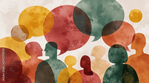 Colorful background with abstract human silhouettes and speech bubbles
