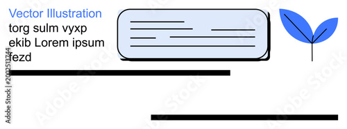 Graphic design, digital layouts, presentations, eco-friendly , minimalism, creative documents. Blue leaf icon with text box and horizontal lines. Graphic design and eco-friendly layouts concept