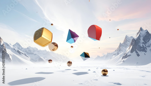 3D geometric shapes and spheres floating in a surreal snowy mountain landscape at sunset