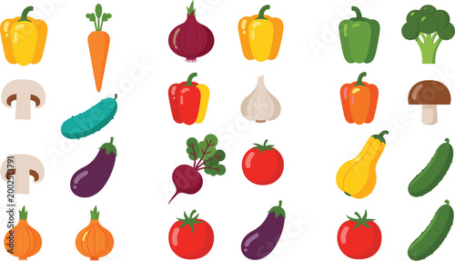 Fresh vegetables collection set with pepper tomato carrot onion eggplant cucumber and broccoli, colorful flat vector illustration for healthy food and cooking design