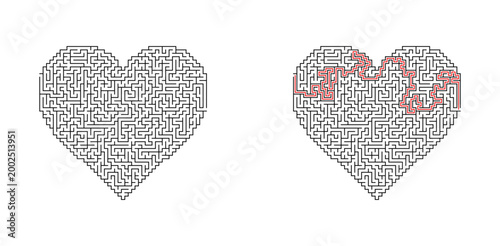 Complex heart maze with a red solution path spelling 'LOVE' representing the journey to finding true affection concept