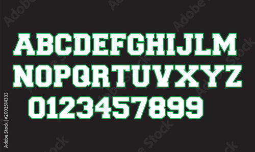 Green Varsity Athletic Font Alphabet and Numbers Set for Collegiate Sports Team Branding Vector