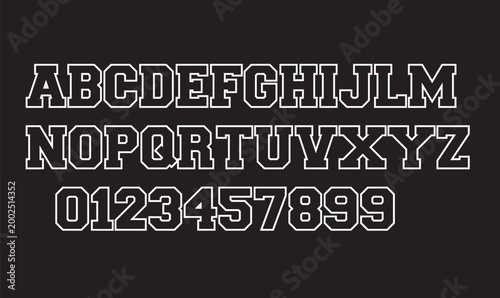 Varsity Athletic Outline Font Alphabet and Numbers Vector Set for Sports Team Jersey Design