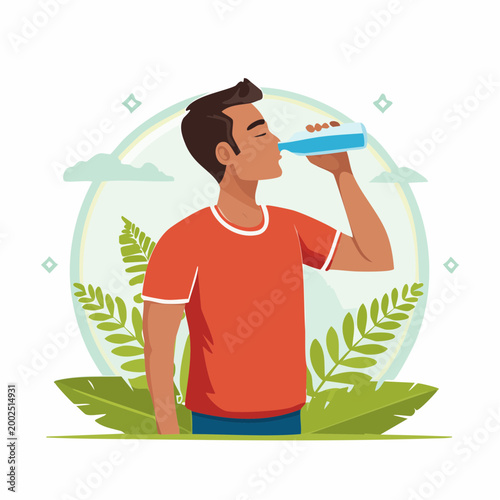 ミネラルウォーターを飲んで水分補給をする男性（健康・多様性）