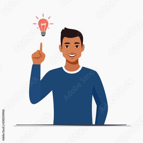 上を指差してアイデアをひらめいた表情の男性（解決策・多様性）