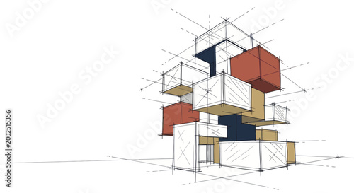 Abstract architectural sketch of stacked cubes and geometric forms.