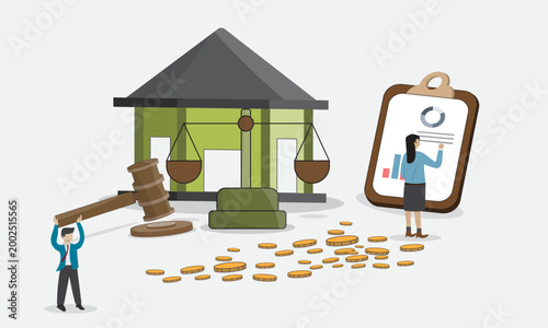 Flat vector illustration of legal audit, property law, and financial justice concept featuring courthouse, gavel, balance scale, report clipboard, coins, and business people analyzing legal finance 