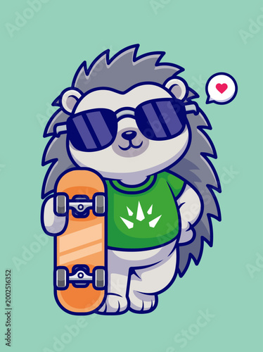 Cartoon hedgehog wearing sunglasses skateboard.