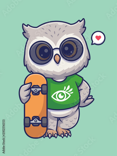Cartoon owl with skateboard and shirt.