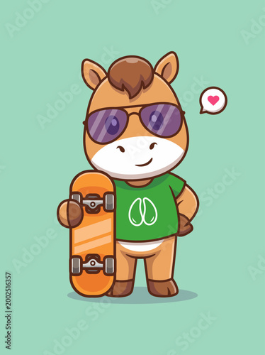Cartoon horse wearing sunglasses skateboard.