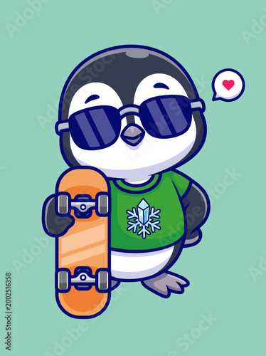 Cartoon penguin wearing sunglasses skateboard.