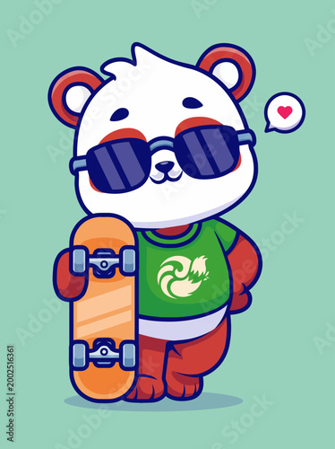 Cartoon panda with skateboard and sunglasses.