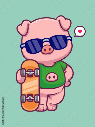 Cartoon pig wearing sunglasses skateboard.