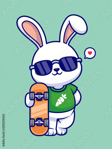 Cartoon rabbit wearing sunglasses skateboard.