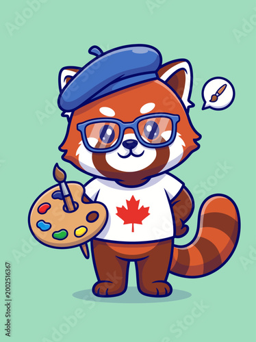 Cartoon red panda artist painter.