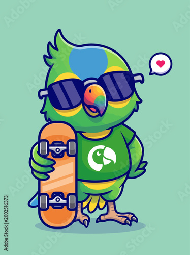 Colorful Parrot Wearing Sunglasses Skateboard.